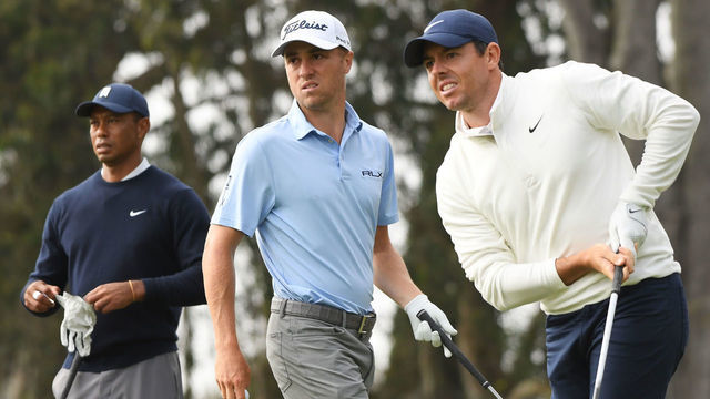 SAN FRANCISCO, CALIFORNIA - AUGUST 07: Rory McIlroy of Northern Ireland reacts to his shot from the 12th tee as Justin Thomas of the United States and Tiger Woods of the United States look on during the second round of the 2020 PGA Championship at TPC Harding Park on August 07, 2020 in San Francisco, California.