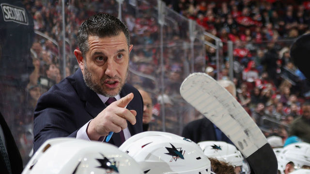 NEWARK, NEW JERSEY - FEBRUARY 20: Interim head coach Bob Boughner of the San Jose Sharks handles bench duties during the game against the New Jersey Devils at the Prudential Center on February 20, 2020 in Newark, New Jersey.