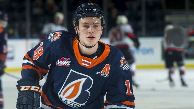 KELOWNA, BC - DECEMBER 27: Connor Zary #18 of the Kamloops Blazers warms up in the ice against the Kelowna Rockets at Prospera Place on December 27, 2019 in Kelowna, Canada.