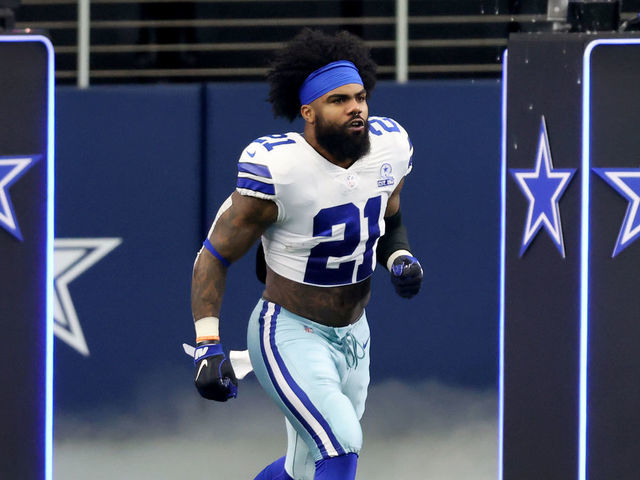 ARLINGTON, TEXAS - SEPTEMBER 20: Ezekiel Elliott #21 of the Dallas Cowboys takes the field during player introductions before the Dallas Cowboys take on the Atlanta Falcons at AT&T Stadium on September 20, 2020 in Arlington, Texas.