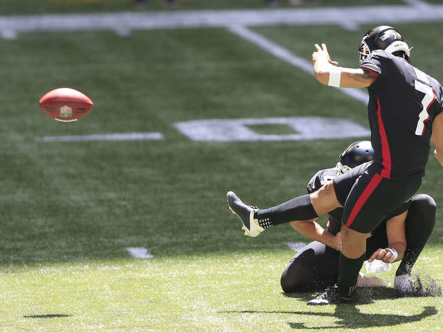 ATLANTA, GA - SEPTEMBER 13: Younghoe Koo (7) of the Atlanta Falcons misses the point-after-touchdown during the NFL Week 1 game between the Atlanta Falcons and the Seattle Seahawks on September 13, 2020 at Mercedes-Benz Stadium in Atlanta, Georgia.