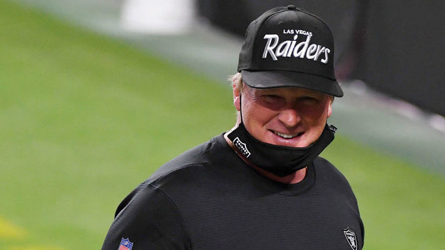 LAS VEGAS, NEVADA - SEPTEMBER 21: Head coach Jon Gruden of the Las Vegas Raiders smiles after the Raiders defeated the New Orleans Saints 34-24 in the NFL game at Allegiant Stadium on September 21, 2020 in Las Vegas, Nevada.