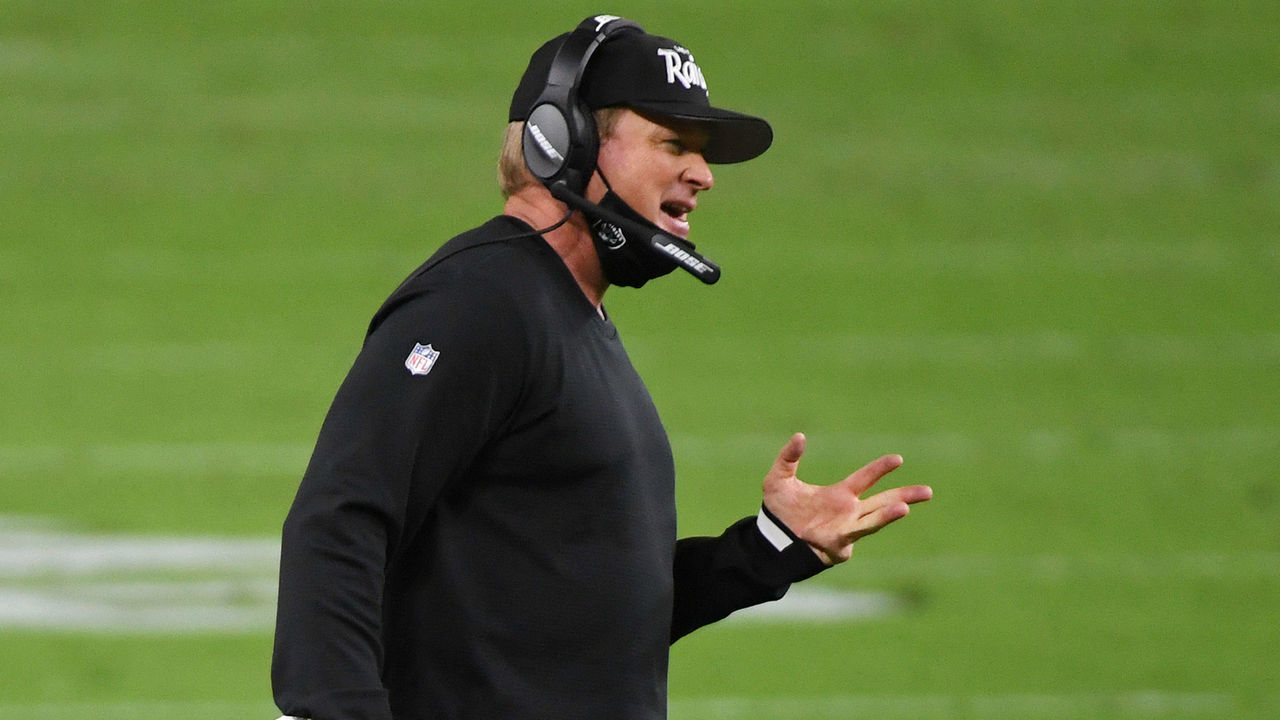 LAS VEGAS, NEVADA - SEPTEMBER 21: Head coach Jon Gruden of the Las Vegas Raiders talks on the field during a timeout in the second half of the NFL game against the New Orleans Saints at Allegiant Stadium on September 21, 2020 in Las Vegas, Nevada. The Raiders defeated the Saints 34-24.