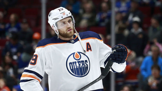 VANCOUVER, BC - DECEMBER 23: Leon Draisaitl #29 of the Edmonton Oilers skates up the ice during warmup before their NHL game against the Vancouver Canucks at Rogers Arena December 23, 2019 in Vancouver, British Columbia, Canada.