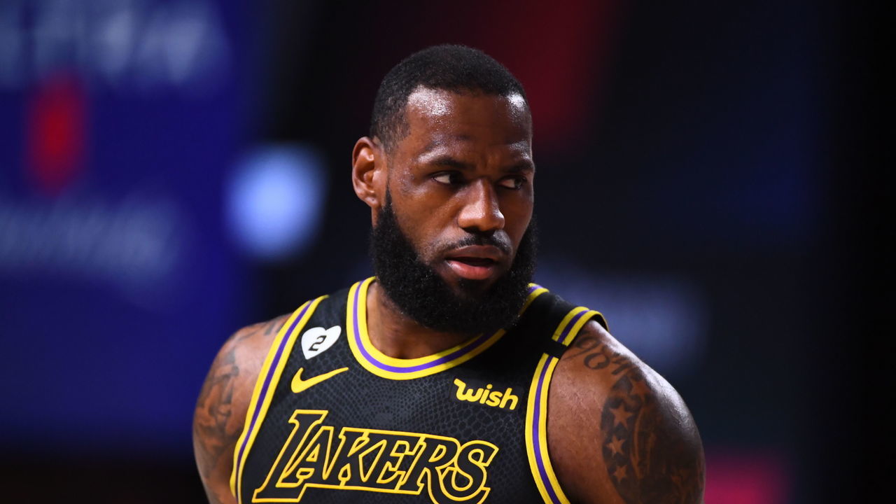 ORLANDO, FL - SEPTEMBER 20: LeBron James #23 of the Los Angeles Lakers looks on during the game against the Denver Nuggets during Game Two of the Western Conference Finals on September 20, 2020 in Orlando, Florida at AdventHealth Arena. NOTE TO USER: User expressly acknowledges and agrees that, by downloading and/or using this Photograph, user is consenting to the terms and conditions of the Getty Images License Agreement. Mandatory Copyright Notice: Copyright 2020 NBAE