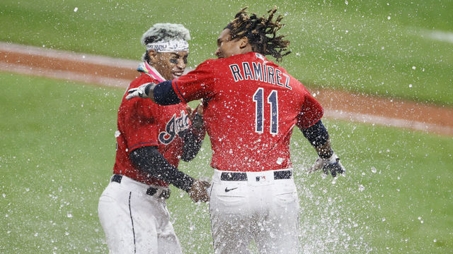 CLEVELAND, OH - SEPTEMBER 22: Jose Ramirez #11 of the Cleveland Indians celebrates with Francisco Lindor #12 after hitting a walk-off three-run home run off José Ruiz #66 of the Chicago White Sox during the tenth inning at Progressive Field on September 22, 2020 in Cleveland, Ohio. The Indians defeated the White Sox 5-3.