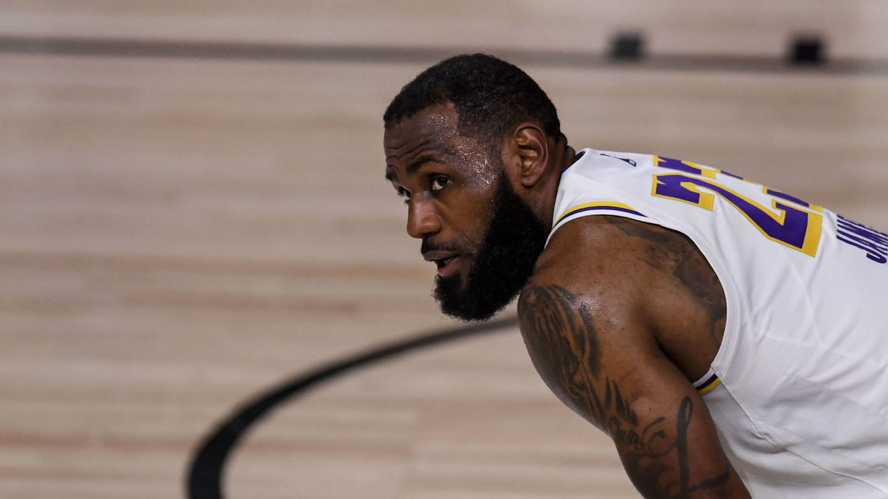 ORLANDO , FL - SEPTEMBER 22: LeBron James (23) of the Los Angeles Lakers takes a breather against the Denver Nuggets during the fourth quarter of Denver's 114-106 win at AdventHealth Arena at ESPN Wide World of Sports Complex in Orlando, Florida on Tuesday, September 22, 2020.