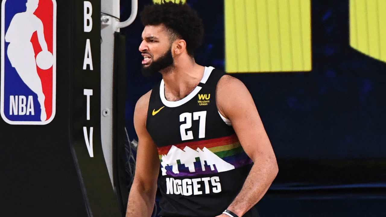 ORLANDO, FL - SEPTEMBER 22: Jamal Murray #27 of the Denver Nuggets reacts to play during Game Three of the Western Conference Finals of the NBA Playoffs on September 22, 2020 at AdventHealth Arena in Orlando, Florida. NOTE TO USER: User expressly acknowledges and agrees that, by downloading and/or using this Photograph, user is consenting to the terms and conditions of the Getty Images License Agreement. Mandatory Copyright Notice: Copyright 2020 NBAE