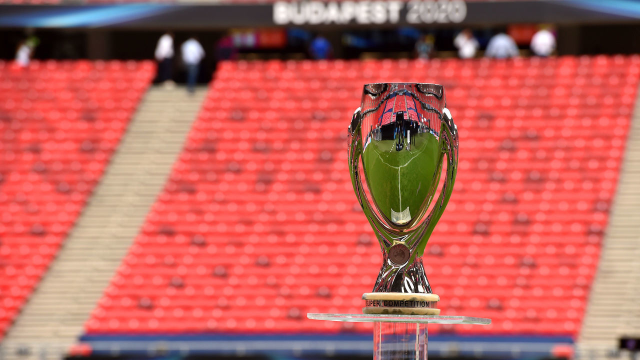 BUDAPEST, HUNGARY - SEPTEMBER 23: The UEFA Super Cup trophy is seen ahead of the UEFA Super Cup match between Sevilla and Bayern Munich at Stadium Puskas Ferenc on September 23, 2020 in Budapest, Hungary.