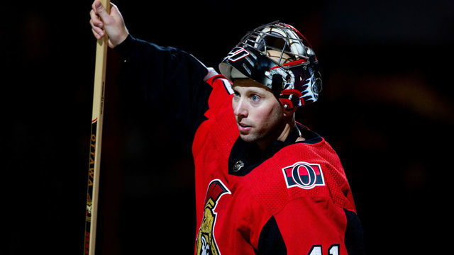 OTTAWA, ON - OCTOBER 13: Ottawa Senators Goalie Craig Anderson (41) salutes the crowd as he's announced as first star of the game after National Hockey League action between the Los Angeles Kings and Ottawa Senators on October 13, 2018, at Canadian Tire Centre in Ottawa, ON, Canada.