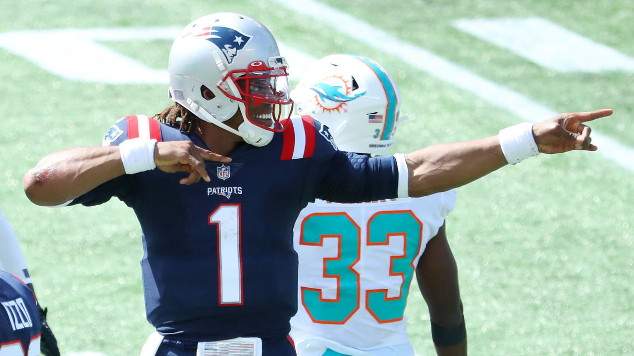 FOXBOROUGH, MASSACHUSETTS - SEPTEMBER 13: Cam Newton #1 of the New England Patriots reacts during the first half against the Miami Dolphins at Gillette Stadium on September 13, 2020 in Foxborough, Massachusetts.