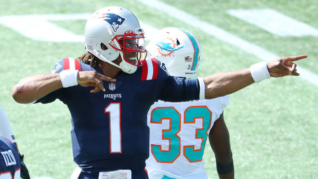 FOXBOROUGH, MASSACHUSETTS - SEPTEMBER 13: Cam Newton #1 of the New England Patriots reacts during the first half against the Miami Dolphins at Gillette Stadium on September 13, 2020 in Foxborough, Massachusetts.