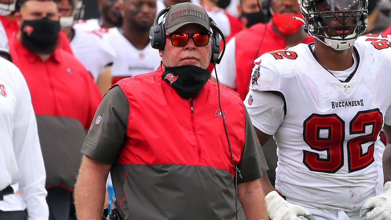 TAMPA, FL - SEP 20: Bucs Head Coach Bruce Arians along the sidelines during the regular season game between the Carolina Panthers and the Tampa Bay Buccaneers on September 20, 2020 at Raymond James Stadium in Tampa, Florida.