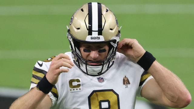 LAS VEGAS, NEVADA - SEPTEMBER 21: Quarterback Drew Brees #9 of the New Orleans Saints adjusts his helmet during the NFL game against the Las Vegas Raiders at Allegiant Stadium on September 21, 2020 in Las Vegas, Nevada. The Raiders defeated the Saints 34-24.