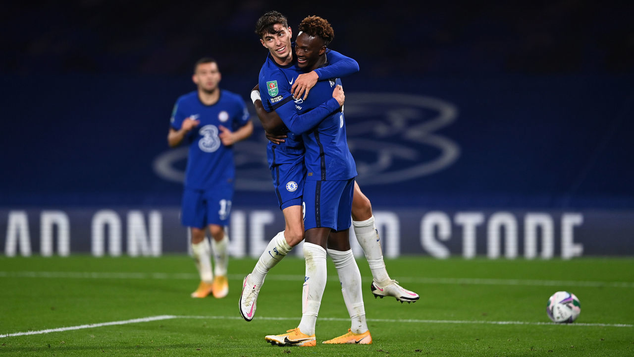 LONDON, ENGLAND - SEPTEMBER 23: Kai Havertz of Chelsea celebrates after scoring his sides fourth goal with teammate Tammy Abraham during the Carabao Cup third round match between Chelsea and Barnsley at Stamford Bridge on September 23, 2020 in London, England. Football Stadiums around United Kingdom remain empty due to the Coronavirus Pandemic as Government social distancing laws prohibit fans inside venues resulting in fixtures being played behind closed doors.