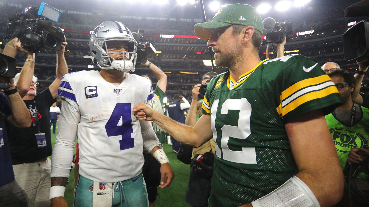 ARLINGTON, TEXAS - OCTOBER 06: Dak Prescott #4 of the Dallas Cowboys greets Aaron Rodgers #12 of the Green Bay Packers after the Packers' 34-24 win at AT&T Stadium on October 06, 2019 in Arlington, Texas.