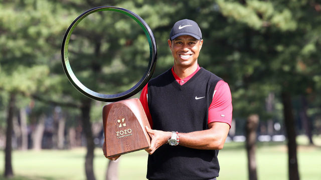 INZAI, JAPAN - OCTOBER 28: Tiger Woods of the United States poses with the trophy after the award ceremony following the final round of the Zozo Championship at Accordia Golf Narashino Country Club on October 28, 2019 in Inzai, Chiba, Japan.