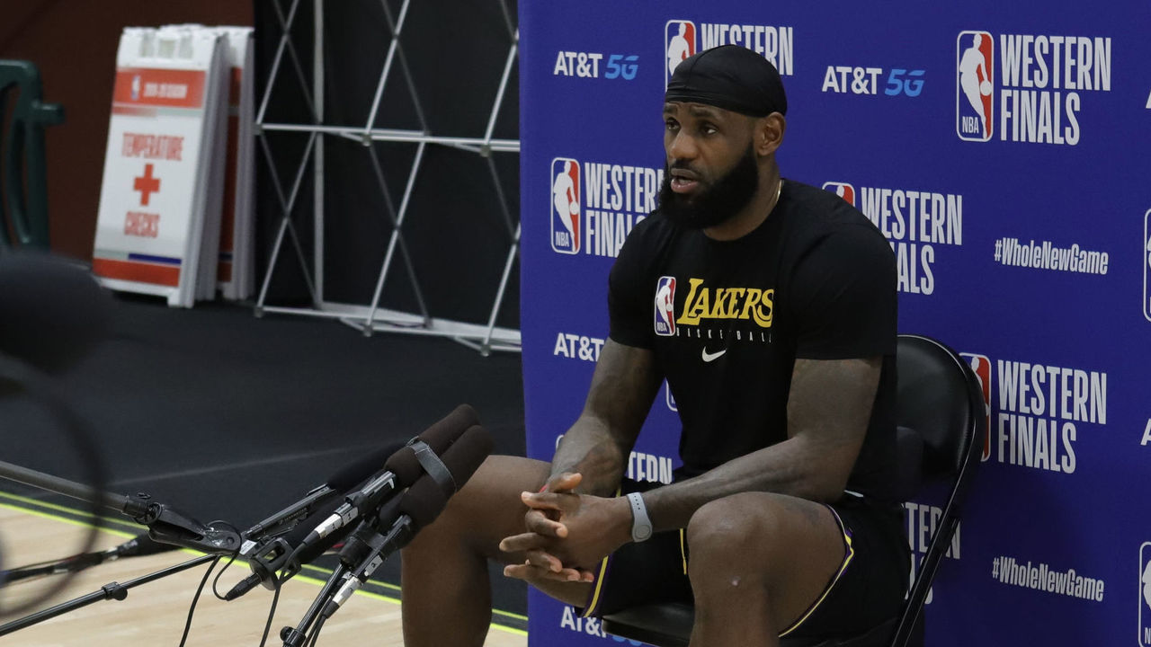 ORLANDO, FL - SEPTEMBER 22: LeBron James #23 of the Los Angeles Lakers speaks to the media after the game against the Denver Nuggets in Game three of the Western Conference Finals of the 2020 Playoffs as part of the NBA Restart 2020 on September 22, 2020 at AdventHealth Arena at ESPN Wide World of Sports Complex in Orlando, Florida. NOTE TO USER: User expressly acknowledges and agrees that, by downloading and/or using this photograph, user is consenting to the terms and conditions of the Getty Images License Agreement. Mandatory Copyright Notice: Copyright 2020 NBAE