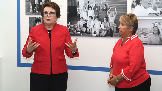 NEW YORK, NEW YORK - SEPTEMBER 04: Tennis legends Billie Jean King and Rosie Casals, members of the Original 9, unveil their pavers honoring Gladys Heldman and the entire Original 9 on the USTA Foundation’s Avenue of Aces on day ten of the 2019 US Open at the USTA Billie Jean King National Tennis Center on September 04, 2019 in the Queens borough of New York City.