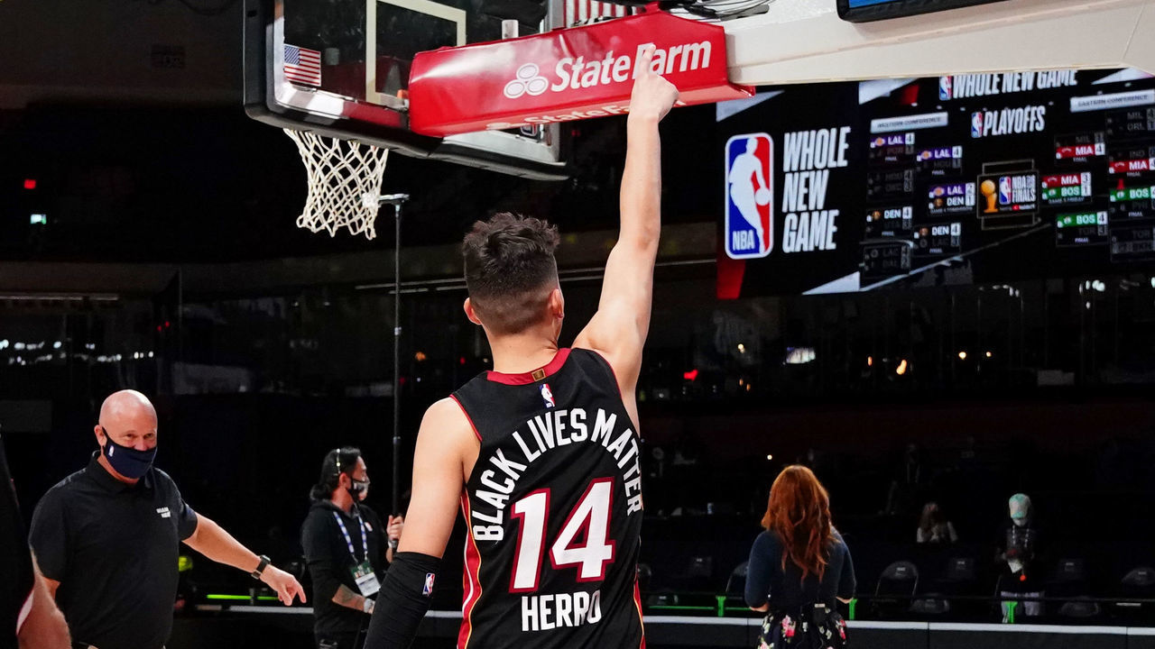 ORLANDO, FL - SEPTEMBER 23: Tyler Herro #14 of the Miami Heat reacts after Game Four of the Eastern Conference Finals of the NBA Playoffs on September 23, 2020 at the AdventHealth Arena at ESPN Wide World Of Sports Complex in Orlando, Florida. NOTE TO USER: User expressly acknowledges and agrees that, by downloading and/or using this Photograph, user is consenting to the terms and conditions of the Getty Images License Agreement. Mandatory Copyright Notice: Copyright 2020 NBAE