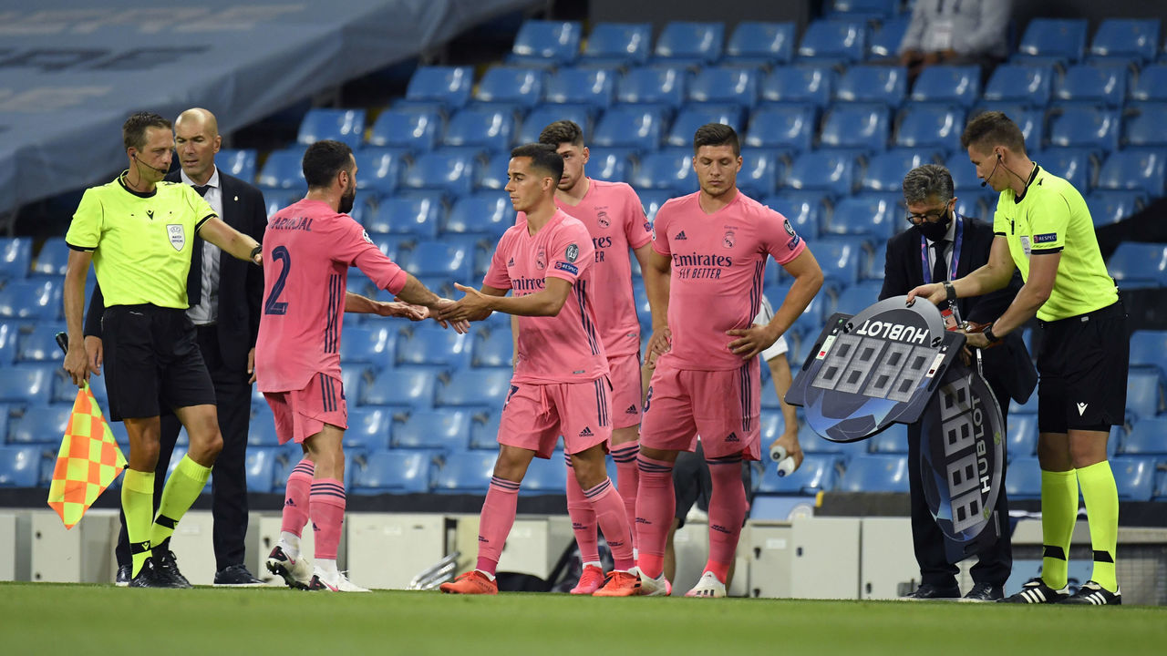 MANCHESTER, ENGLAND - AUGUST 07: Dani Carvajal of Real Madrid is substituted off as part of a triple substitution during the UEFA Champions League round of 16 second leg match between Manchester City and Real Madrid at Etihad Stadium on August 07, 2020 in Manchester, England.