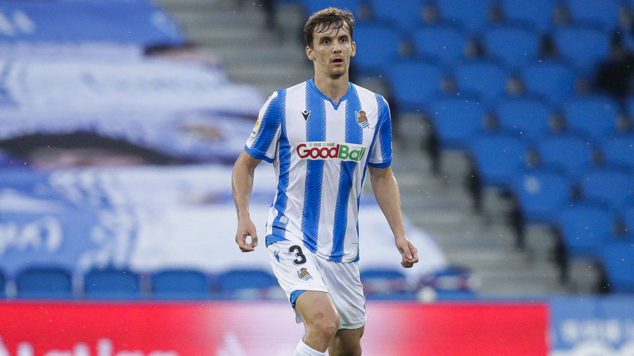 SAN SEBASTIAN, SPAIN - JUNE 24: Diego Llorente of Real Sociedad during the La Liga Santander match between Real Sociedad v Celta de Vigo at the Estadio Anoeta on June 24, 2020 in San Sebastian Spain