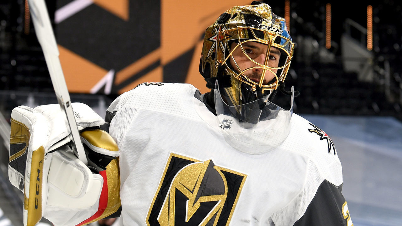 EDMONTON, ALBERTA - SEPTEMBER 10: Goaltender Marc-Andre Fleury #29 of the Vegas Golden Knights warms up before Game Three of the Western Conference Final of the 2020 NHL Stanley Cup Playoffs between the Vegas Golden Knights and the Dallas Stars at Rogers Place on September 10, 2020 in Edmonton, Alberta.