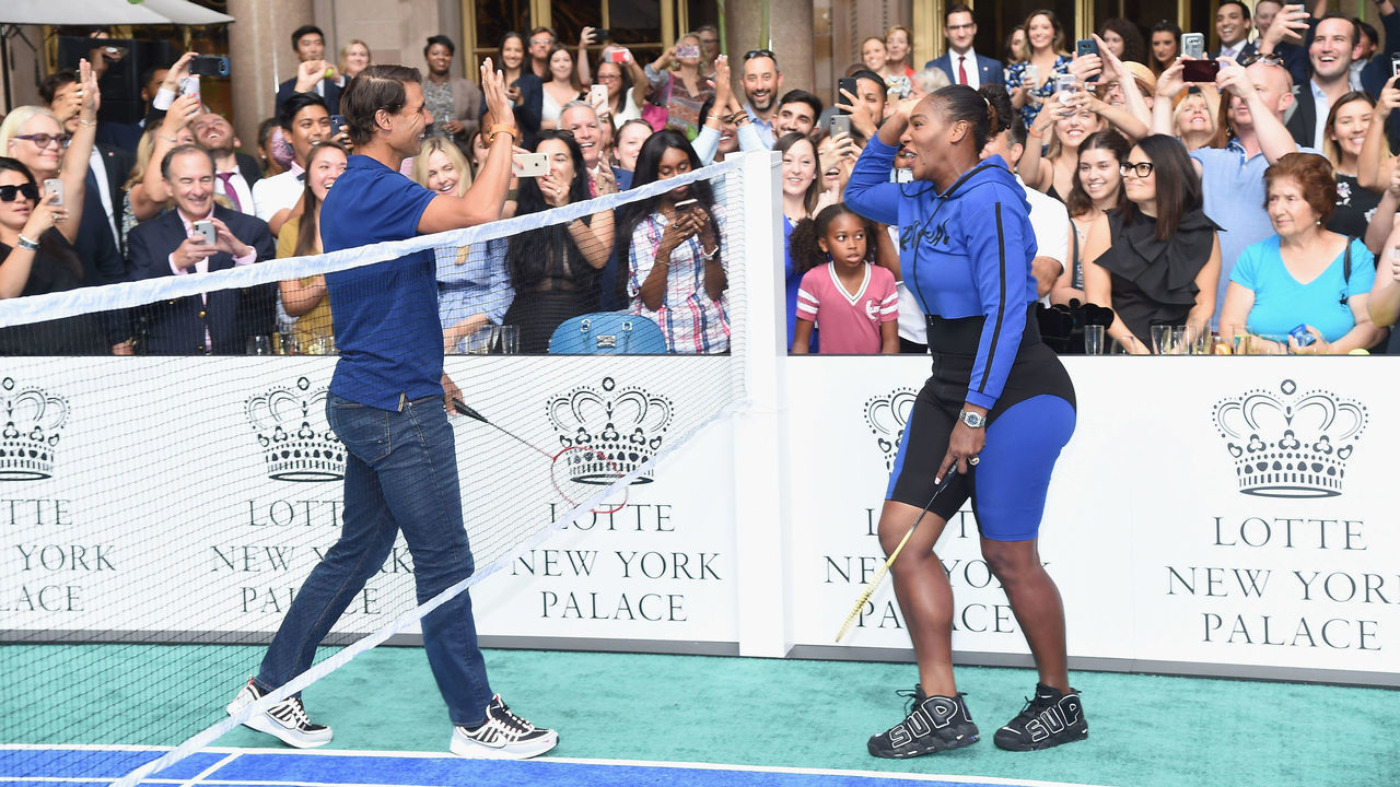 NEW YORK, NY - AUGUST 23: Rafael Nadal and Serena Willims at the conclusion of their badminton match during the 2018 Palace Invitational Badminton Tournament at Lotte New York Palace on August 23, 2018 in New York City.