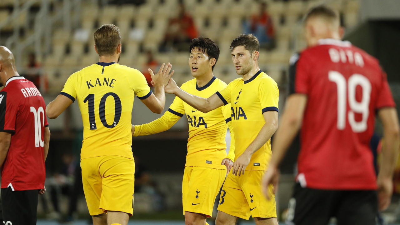 SKOPJE, MACEDONIA - SEPTEMBER 24: Heung-Min Son of Tottenham Hotspur celebrates with teammates after scoring his team's second goal during the UEFA Europa League third round qualifying match between Shkendija and Tottenham Hotspur at National Arena Todor Proeski on September 24, 2020 in Skopje, Macedonia. Football Stadiums around Europe remain empty due to the Coronavirus Pandemic as Government social distancing laws prohibit fans inside venues resulting in fixtures being played behind closed doors.