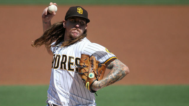 SAN DIEGO, CALIFORNIA - SEPTEMBER 23: Mike Clevinger #52 of the San Diego Padres pitches during the first inning of a game against the Los Angeles Angels at PETCO Park on September 23, 2020 in San Diego, California.