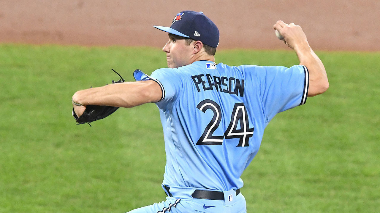 BALTIMORE, MD - AUGUST 18: Nate Pearson #24 of the Toronto Blue Jays pitches during a baseball game against the Baltimore Orioles on August 18, 2020 at Oriole Park at Camden Yards in Baltimore, Maryland.