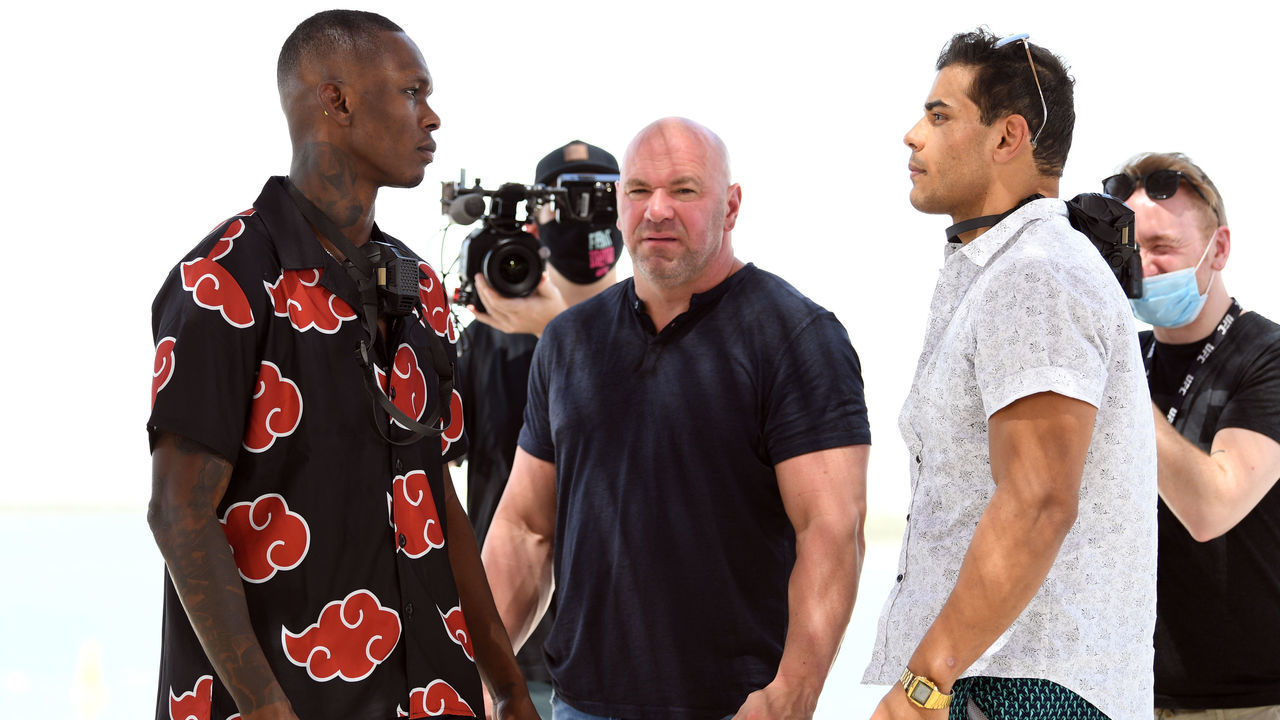 ABU DHABI, UNITED ARAB EMIRATES - SEPTEMBER 24: (L-R) Opponents Israel Adesanya of Nigeria and Paulo Costa of Brazil face off during the UFC 253 Press Conference on September 24, 2020 at Yas Beach on UFC Fight Island, Abu Dhabi, United Arab Emirates.