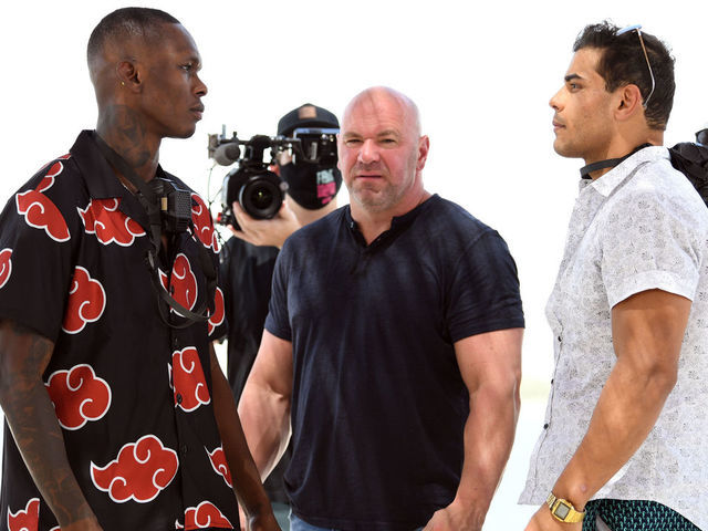 ABU DHABI, UNITED ARAB EMIRATES - SEPTEMBER 24: (L-R) Opponents Israel Adesanya of Nigeria and Paulo Costa of Brazil face off during the UFC 253 Press Conference on September 24, 2020 at Yas Beach on UFC Fight Island, Abu Dhabi, United Arab Emirates.