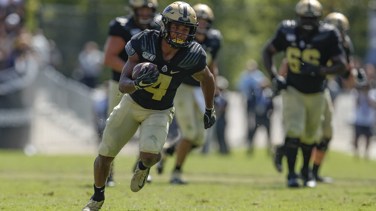 WEST LAFAYETTE, IN - SEPTEMBER 07: Rondale Moore #4 of the Purdue Boilermakers runs the ball during the game against the Vanderbilt Commodores at Ross-Ade Stadium on September 7, 2019 in West Lafayette, Indiana.