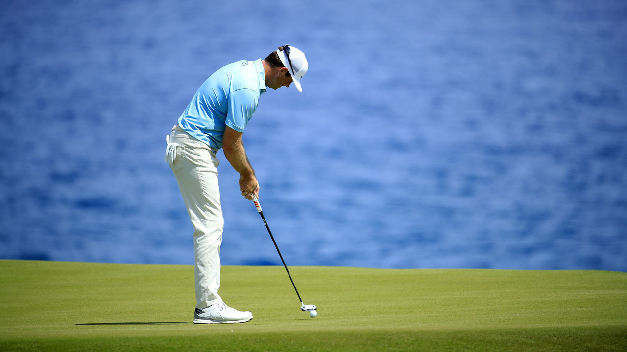 PUNTA CANA, DOMINICAN REPUBLIC - SEPTEMBER 24: Hudson Swafford putts on the eighth green during the first round of the Corales Puntacana Resort & Club Championship on September 24, 2020 in Punta Cana, Dominican Republic.
