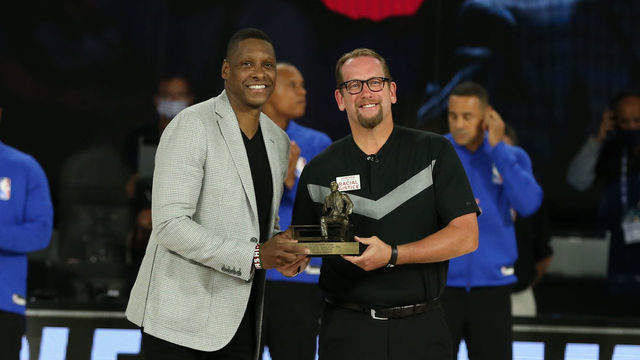 ORLANDO, FL - AUGUST 23: President of the Toronto Raptors, Masai Ujiri presents the 2019-2020 Coach of the Year Award to Head Coach, Nick Nurse of the Toronto Raptors before the game against the Brooklyn Nets during Round One, Game Four of the NBA Playoffs on August 23, 2020 at the The Field House at ESPN Wide World Of Sports Complex in Orlando, Florida. NOTE TO USER: User expressly acknowledges and agrees that, by downloading and/or using this Photograph, user is consenting to the terms and conditions of the Getty Images License Agreement. Mandatory Copyright Notice: Copyright 2020 NBAE