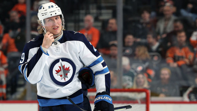 PHILADELPHIA, PA - FEBRUARY 22: Patrik Laine #29 of the Winnipeg Jets looks on during warm up against the Philadelphia Flyers on February 22, 2020 at the Wells Fargo Center in Philadelphia, Pennsylvania.