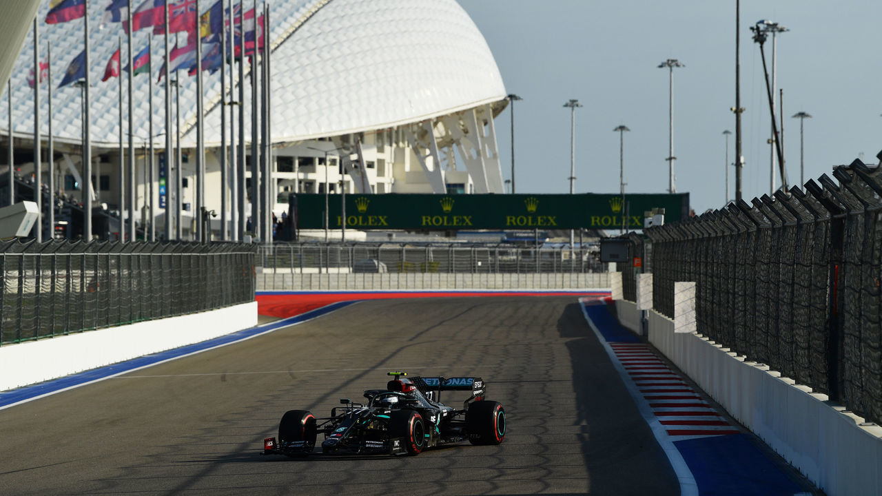 SOCHI, RUSSIA - SEPTEMBER 25: Valtteri Bottas of Finland driving the (77) Mercedes AMG Petronas F1 Team Mercedes W11 on track during practice ahead of the F1 Grand Prix of Russia at Sochi Autodrom on September 25, 2020 in Sochi, Russia.