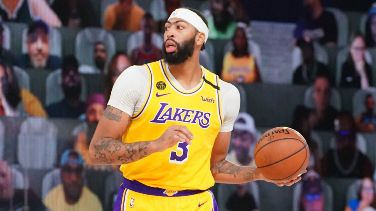 ORLANDO, FL - SEPTEMBER 24: Anthony Davis #3 of the Los Angeles Lakers handles the ball against the Denver Nuggets during Game Four of the Western Conference Finals of the NBA Playoffs on September 24, 2020 at AdventHealth Arena at ESPN Wide World Of Sports Complex in Orlando, Florida. NOTE TO USER: User expressly acknowledges and agrees that, by downloading and/or using this Photograph, user is consenting to the terms and conditions of the Getty Images License Agreement. Mandatory Copyright Notice: Copyright 2020 NBAE
