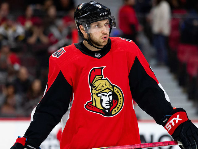 OTTAWA, ON - FEBRUARY 29: Ottawa Senators Right Wing Bobby Ryan (9) before a face-off during third period National Hockey League action between the Detroit Red Wings and Ottawa Senators on February 29, 2020, at Canadian Tire Centre in Ottawa, ON, Canada.