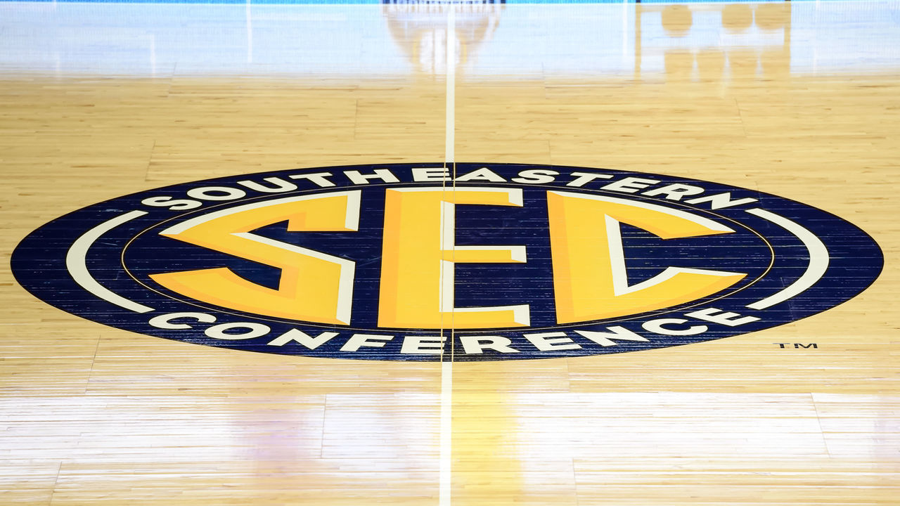 GREENVILLE, SC - MARCH 01: The SEC logo at mid court during 1st half action between the Alabama Crimson Tide and the Vanderbilt Commodores on March 01, 2017 at Bon Secours Wellness Arena in Greenville, SC.