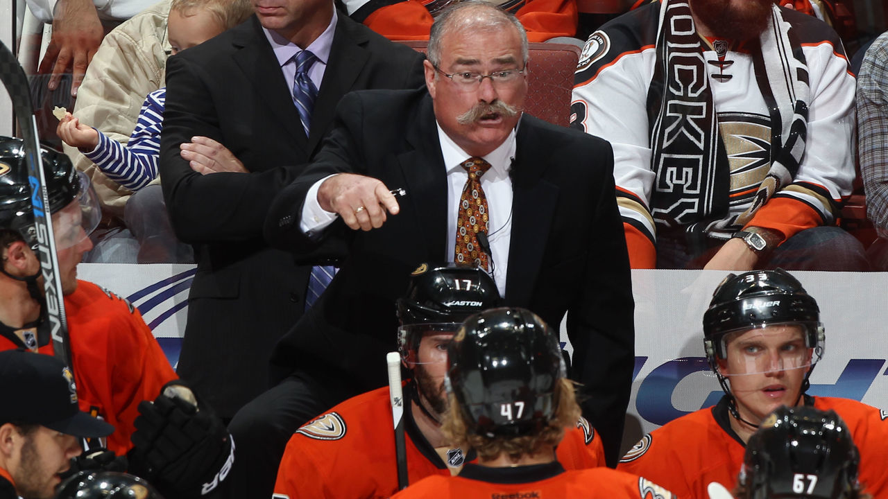 ANAHEIM, CA - OCTOBER 16: Paul MacLean of the Anaheim Ducks talks from the bench during a game against the Colorado Avalanche on October 16, 2015 at Honda Center in Anaheim, California.