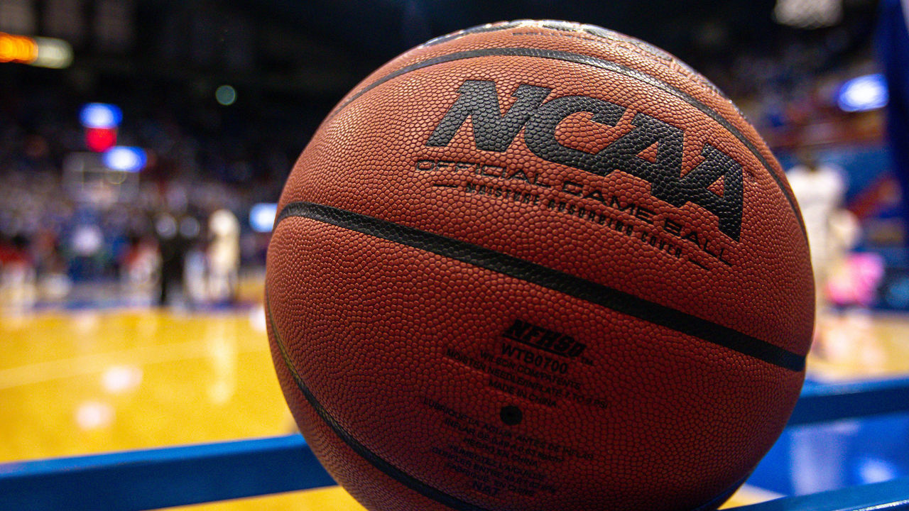 LAWRENCE, KS - NOVEMBER 16: NCAA basketball sits on the rack prior to the college basketball game between the Kansas Jayhawks and the Louisiana Lafayette Ragin Cajuns on November 16, 2018 at Allen Fieldhouse in Lawrence, Kansas.