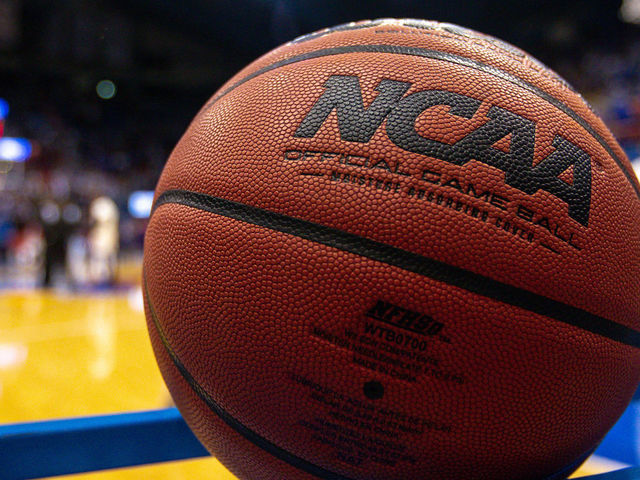 LAWRENCE, KS - NOVEMBER 16: NCAA basketball sits on the rack prior to the college basketball game between the Kansas Jayhawks and the Louisiana Lafayette Ragin Cajuns on November 16, 2018 at Allen Fieldhouse in Lawrence, Kansas.