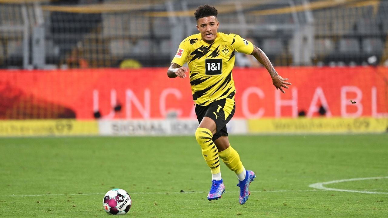 Dortmund's English midfielder Jadon Sancho plays the ball during the German first division Bundesliga football match Borussia Dortmund v Borussia Moenchengladbach in Dortmund, western Germany on September 19, 2020.