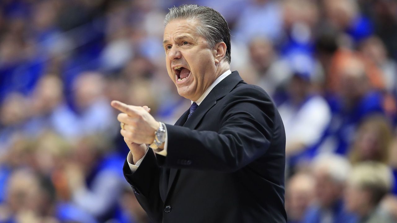LEXINGTON, KENTUCKY - MARCH 03: John Calipari the head coach of the Kentucky Wildcats gives instructions to his team against the Tennessee Volunteers at Rupp Arena on March 03, 2020 in Lexington, Kentucky.