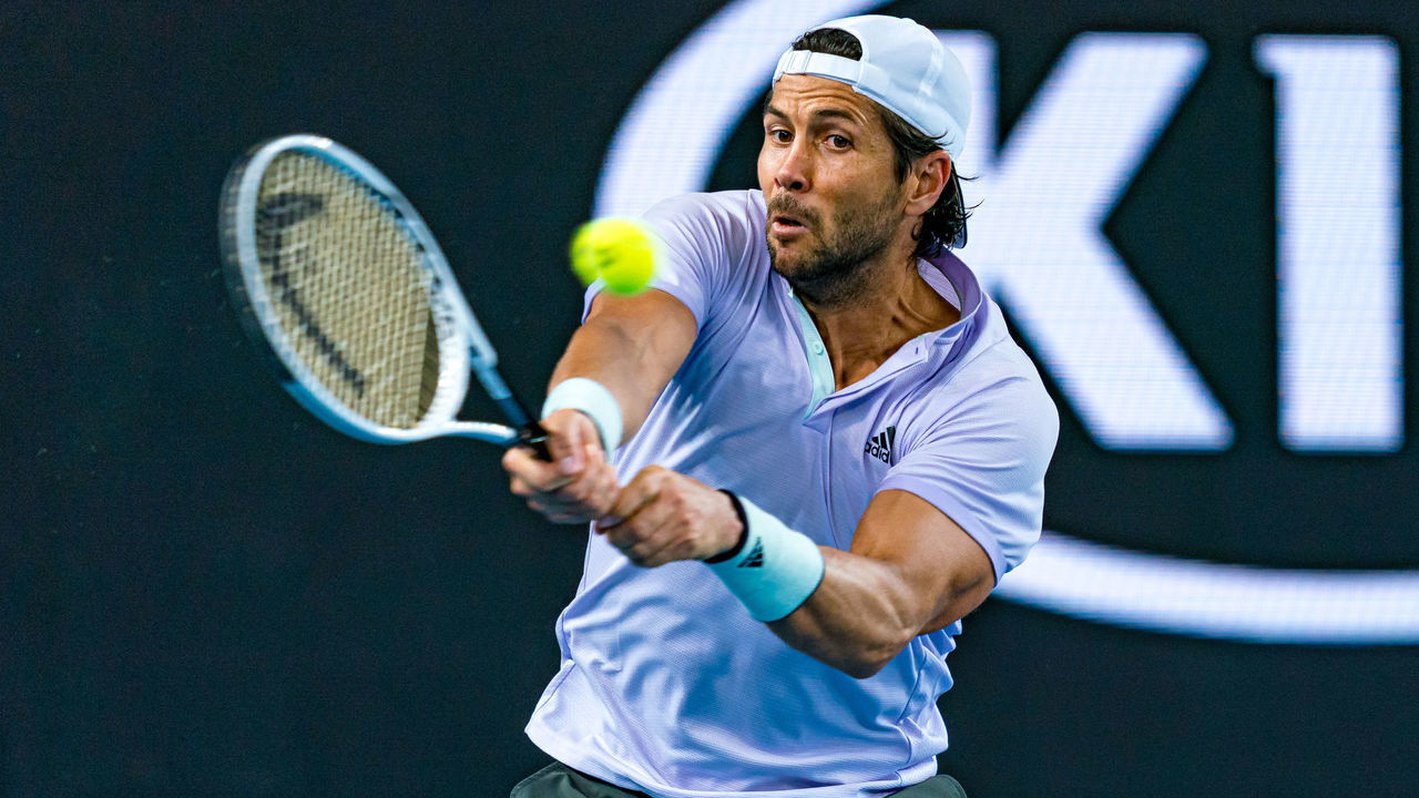 MELBOURNE, AUSTRALIA - JANUARY 25: Fernando Verdasco of Spain plays a backhand during his Men's Singles match against Alexander Zverev of Germany on day six of the 2020 Australian Open at Melbourne Park on January 25, 2020 in Melbourne, Australia.