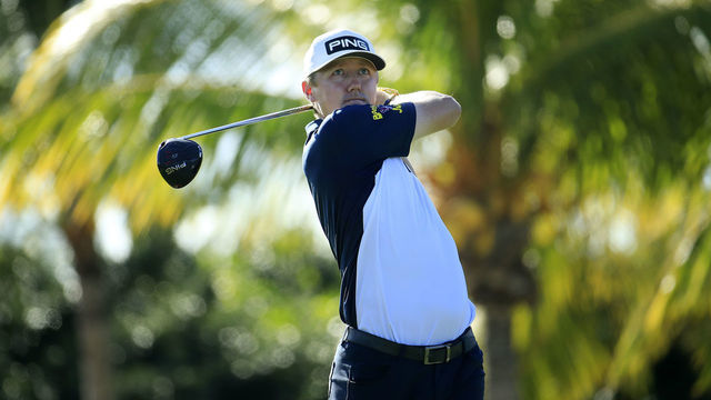 PUNTA CANA, DOMINICAN REPUBLIC - SEPTEMBER 25: Mackenzie Hughes of Canada plays his shot from the 16th tee during the second round of the Corales Puntacana Resort & Club Championship on September 25, 2020 in Punta Cana, Dominican Republic.