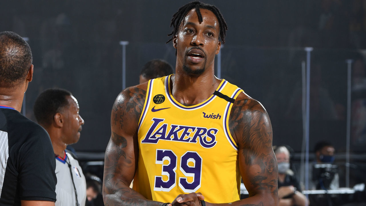 ORLANDO, FL - SEPTEMBER 24: Dwight Howard #39 of the Los Angeles Lakers looks on during the game against the Denver Nuggets during Game Four of the Western Conference Finals on September 24, 2020 in Orlando, Florida at AdventHealth Arena. NOTE TO USER: User expressly acknowledges and agrees that, by downloading and/or using this Photograph, user is consenting to the terms and conditions of the Getty Images License Agreement. Mandatory Copyright Notice: Copyright 2020 NBAE