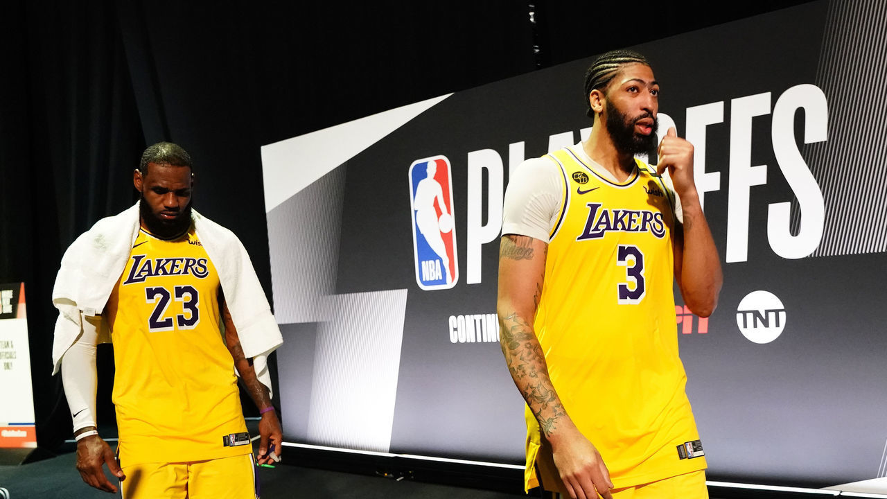 ORLANDO, FL - SEPTEMBER 24: LeBron James #23 of the Los Angeles Lakers and Anthony Davis #3 of the Los Angeles Lakers walk off the court after Game Four of the Western Conference Finals of the NBA Playoffs on September 24, 2020 at AdventHealth Arena at ESPN Wide World Of Sports Complex in Orlando, Florida. NOTE TO USER: User expressly acknowledges and agrees that, by downloading and/or using this Photograph, user is consenting to the terms and conditions of the Getty Images License Agreement. Mandatory Copyright Notice: Copyright 2020 NBAE